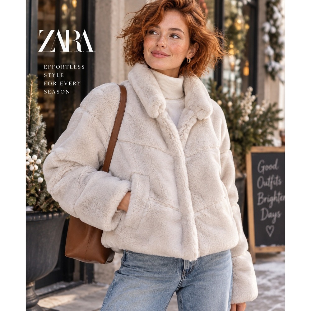 Zara Faux Fur Puffer Jacket Ecru Off White Quilted Coat XL